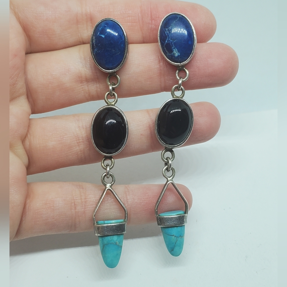 Southwestern Sterling Silver Black Onyx Sodalite Faux Turquoise Earrings